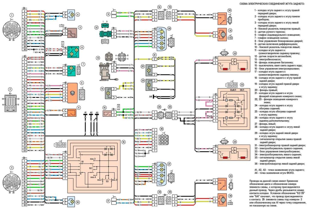 Электросхема соединений жгута автомобиля Нива 