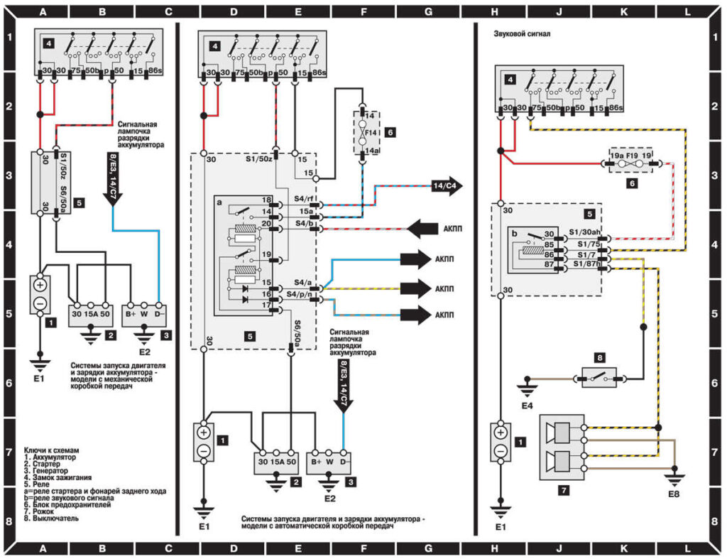 Схема системы запуска двигателя, зарядки аккумулятора и звукового сигнала