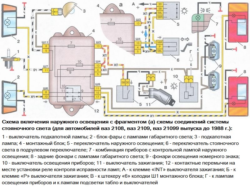Схема включение наружного освещение ВАЗ-2108, 2109, 21099