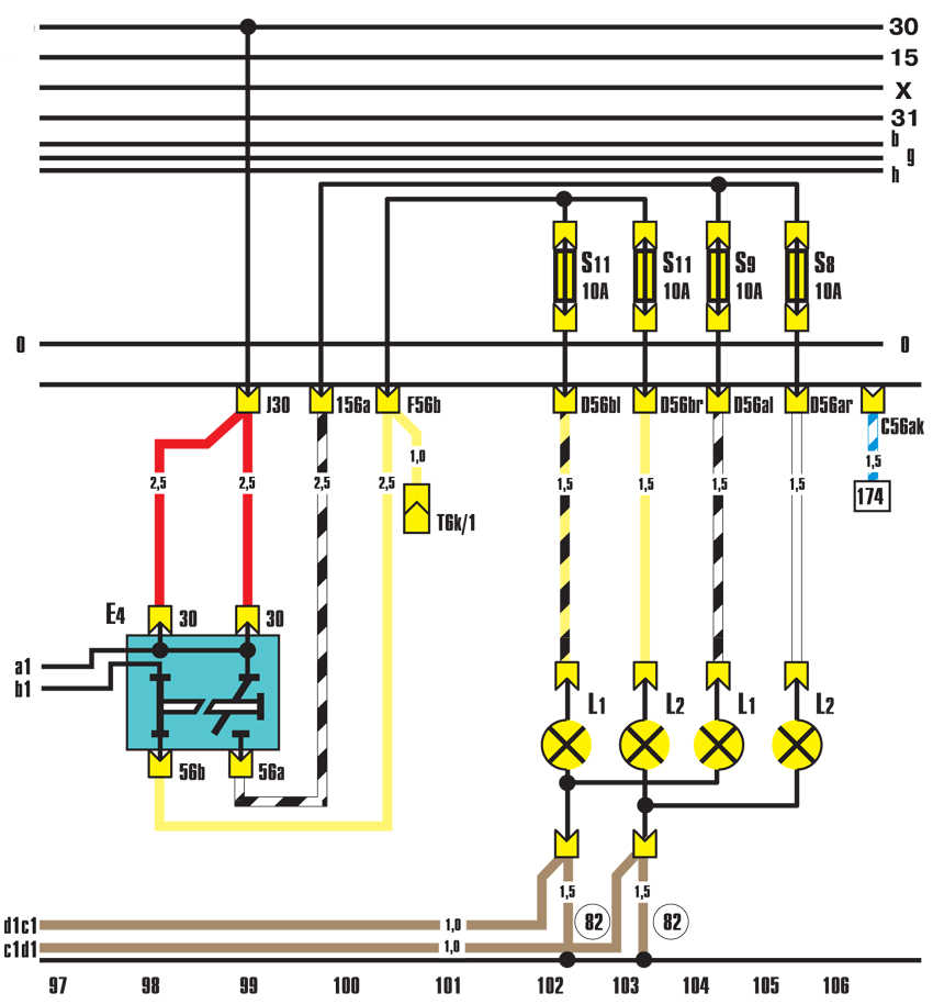 Схема выключателя указателей поворотов, габаритных огней и фар