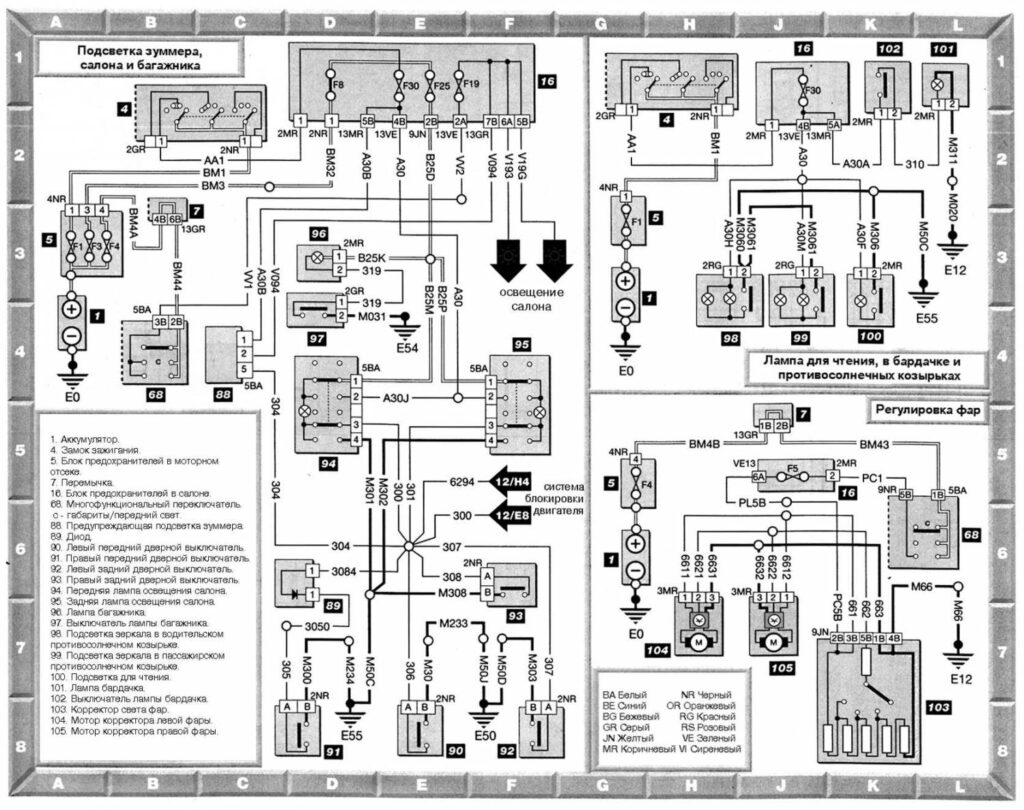 Внутренне освещение и регулировка фар — электрическая схема
