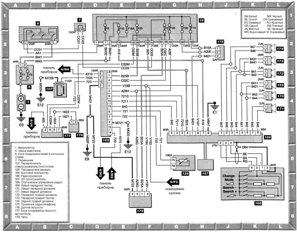 Магнитола, CD-проигрыватель, часы и бортовой компьютер — электросхема