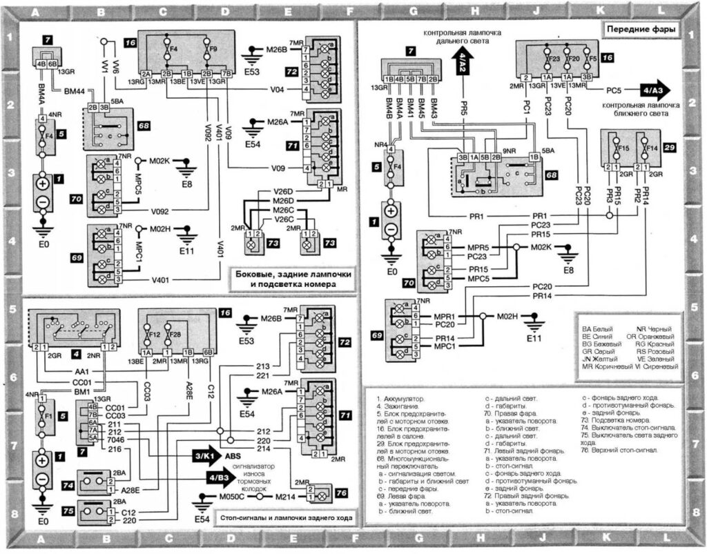 Передние фары, подсветка номера, стоп-сигналы, лампочки — электросхема