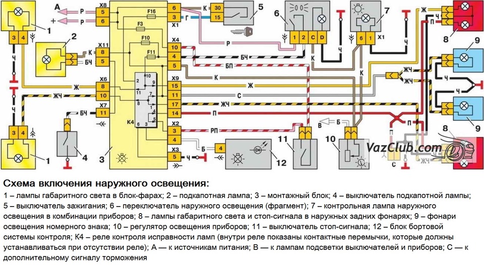 Схема включение наружного освещения ВАЗ-2108, 2109, 21099 